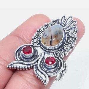 New Mystical Owl Garnet & Montana Agate Silver Ring.